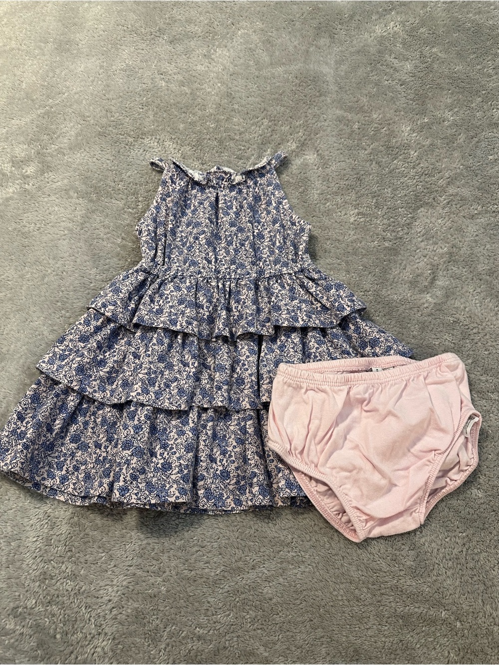 Janie and Jack Blue Floral Tiered Dress with Pink Bloomers - 12-18 months
